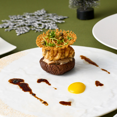 原木椎茸と雲子のムニエル トリュフのヴィネグレット